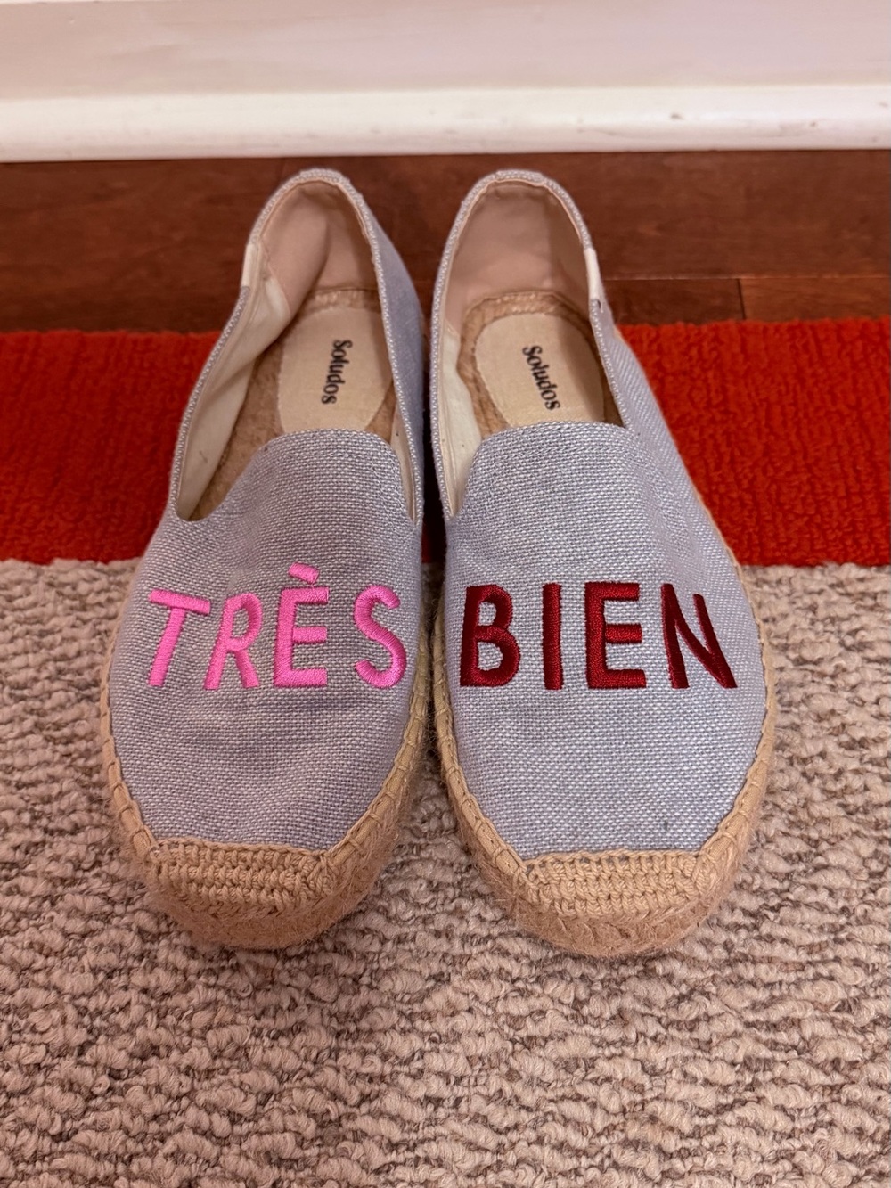 Soludos Light Blue Espadrilles with Pink & Red "TRÈS BIEN" Embroidery